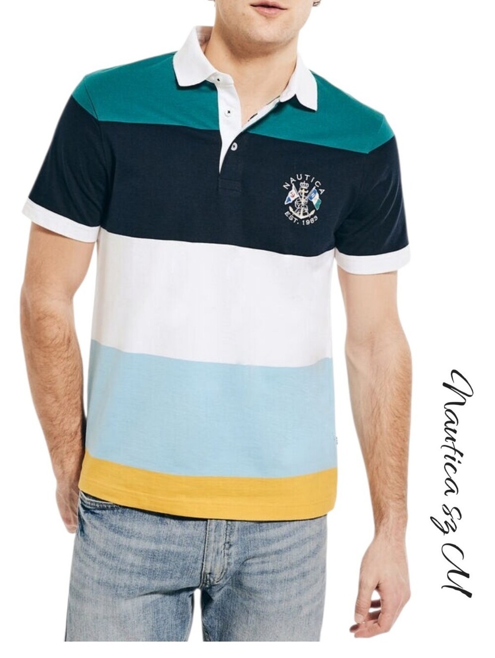 Nautica Men Classic Fit Rugby Polo Shirt Striped Colorblock Teal White Sz M